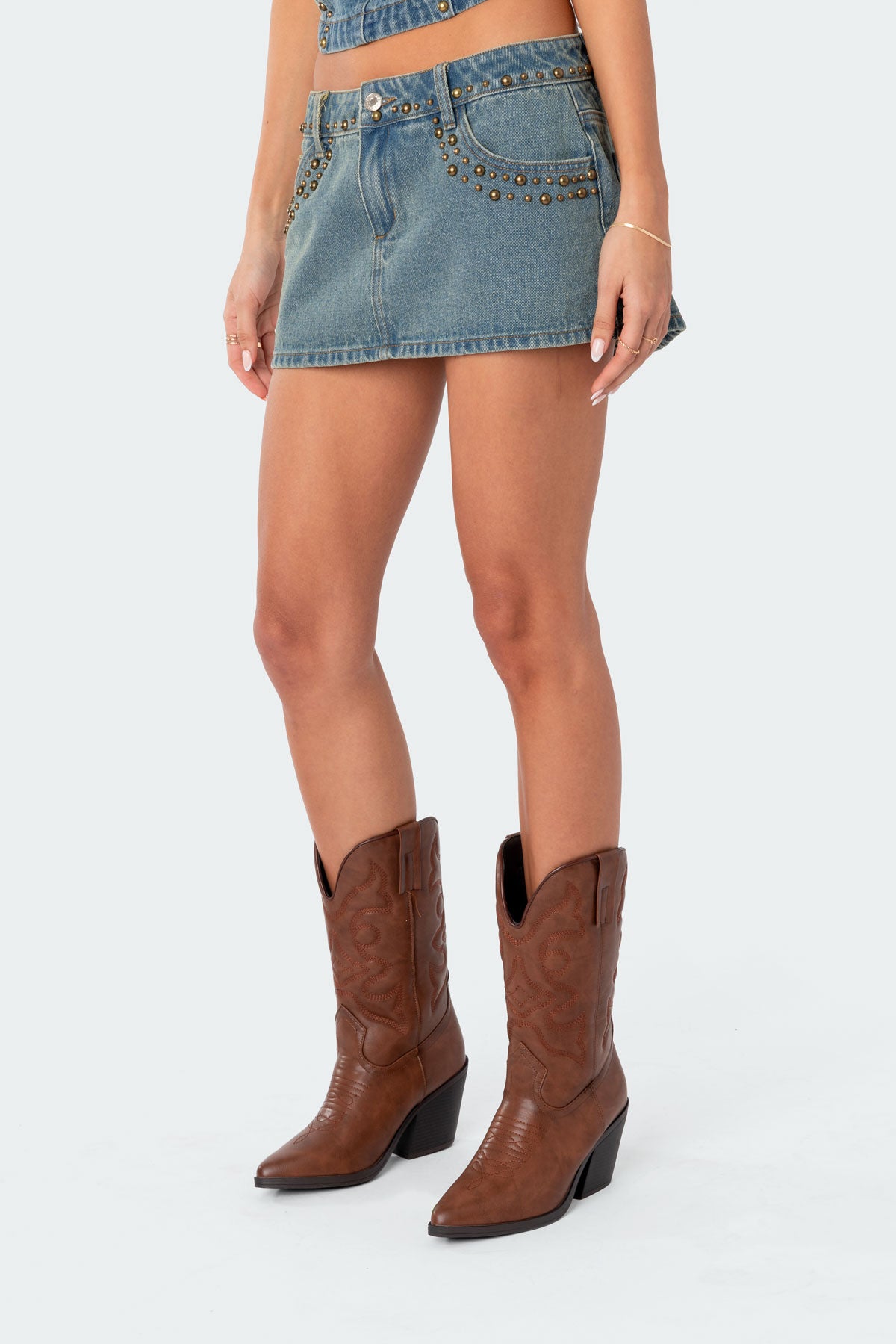 Studded Low Rise Washed Denim Mini Skirt - Image 4