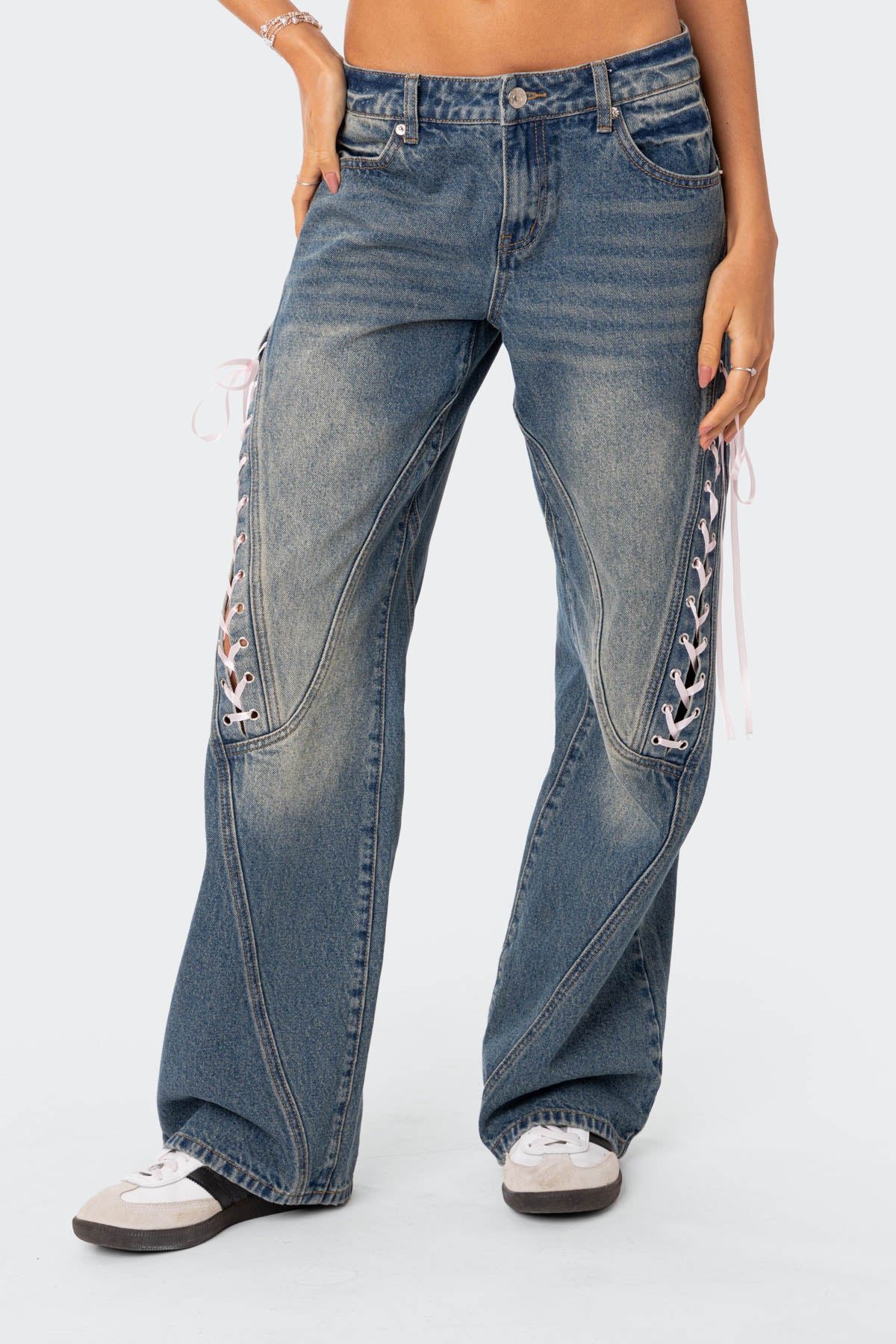 Low Rise Ribbon Lace Up Jeans - Image 2