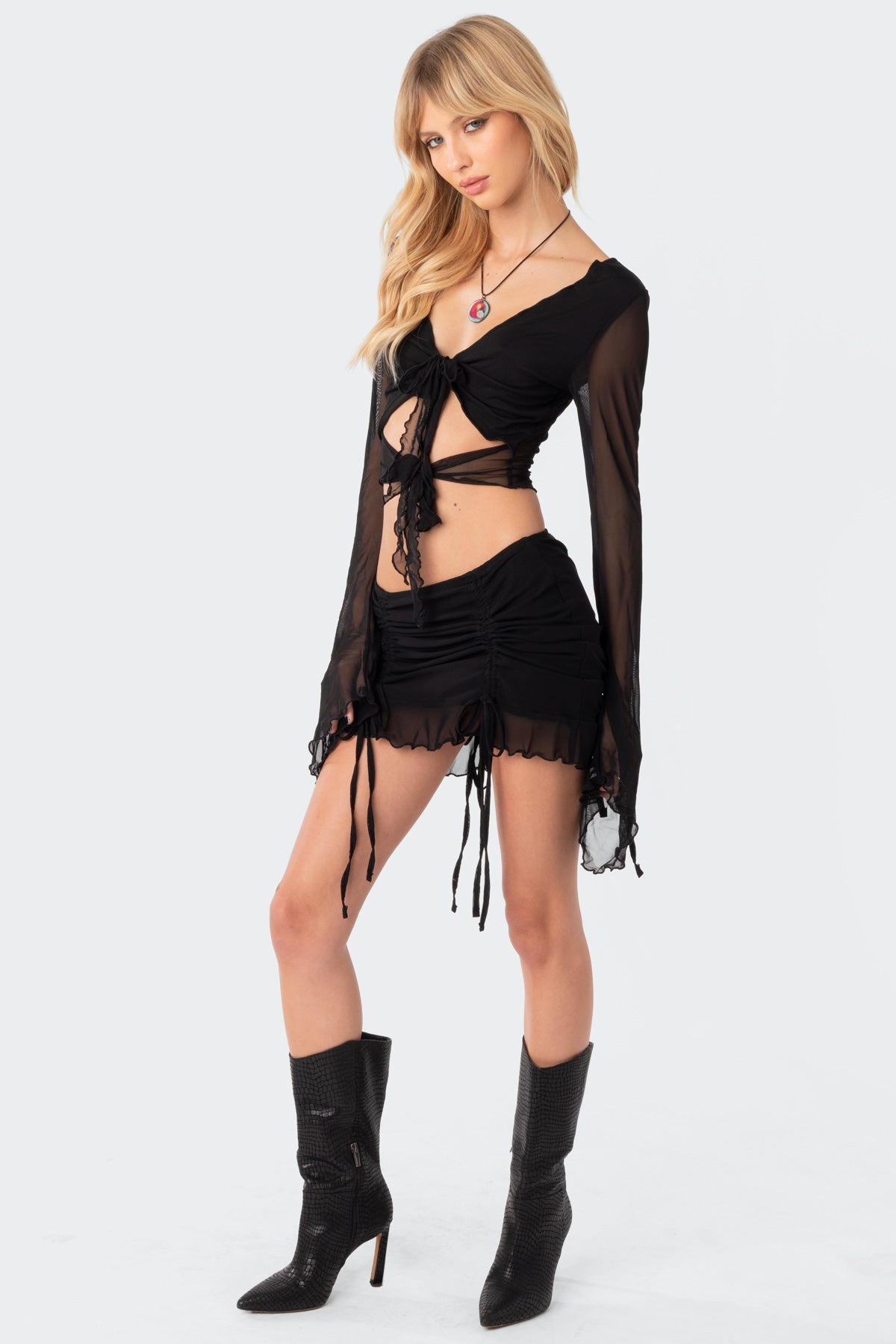 Indigo Gathered Mesh Mini Skirt - Image 3