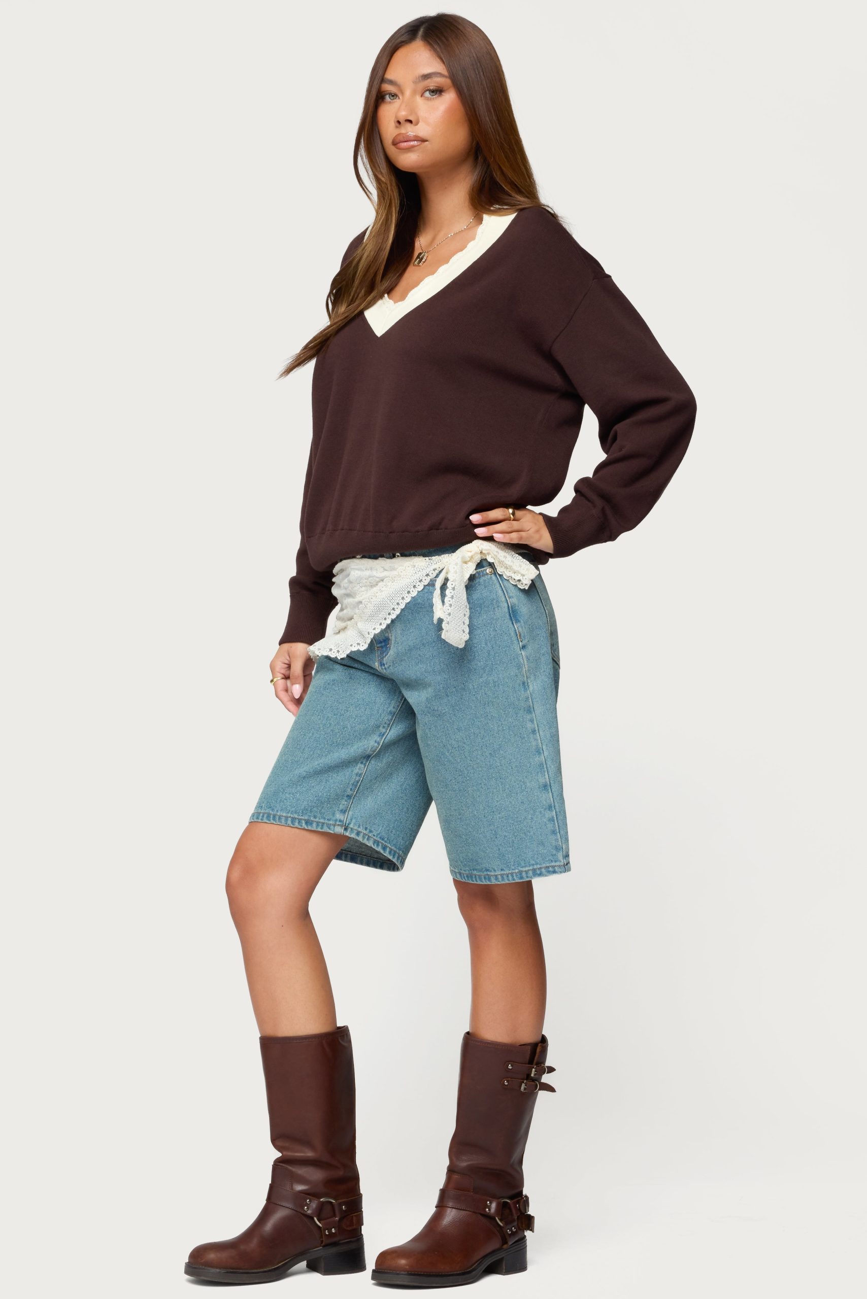 Marie Contrast Lacey V Neck Sweater - Image 4