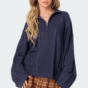 Oversized Quarter Zip Cable Knit Sweater