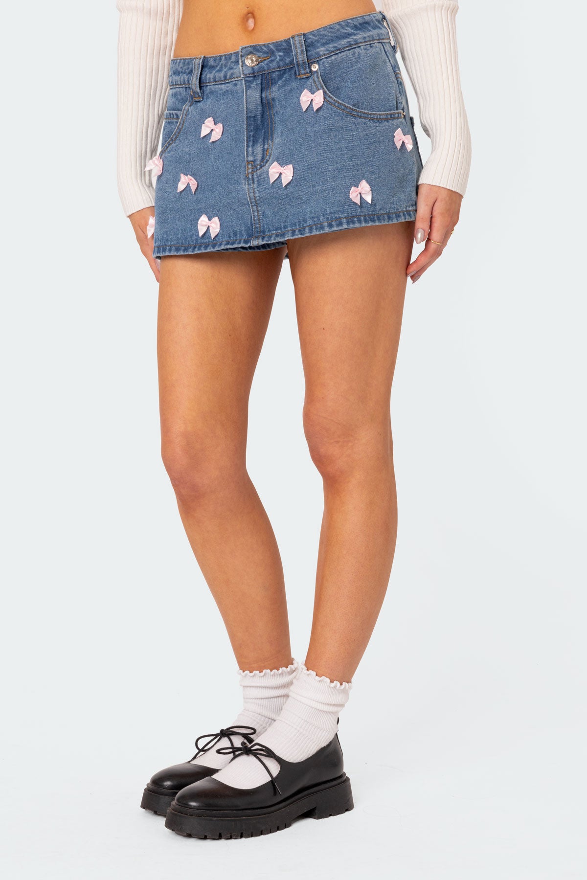 Alivia Satin Effect Bow Denim Micro Skort - Image 4