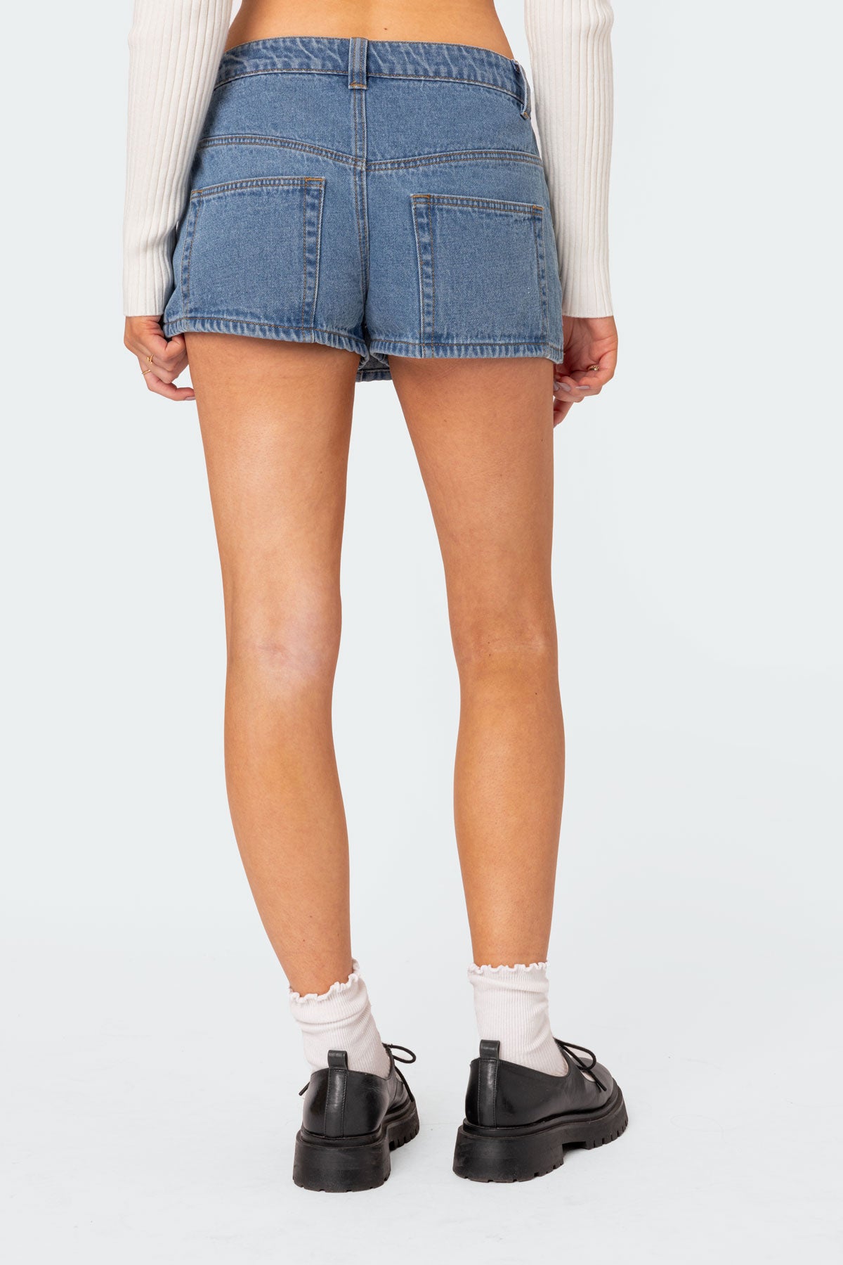 Alivia Satin Effect Bow Denim Micro Skort - Image 5