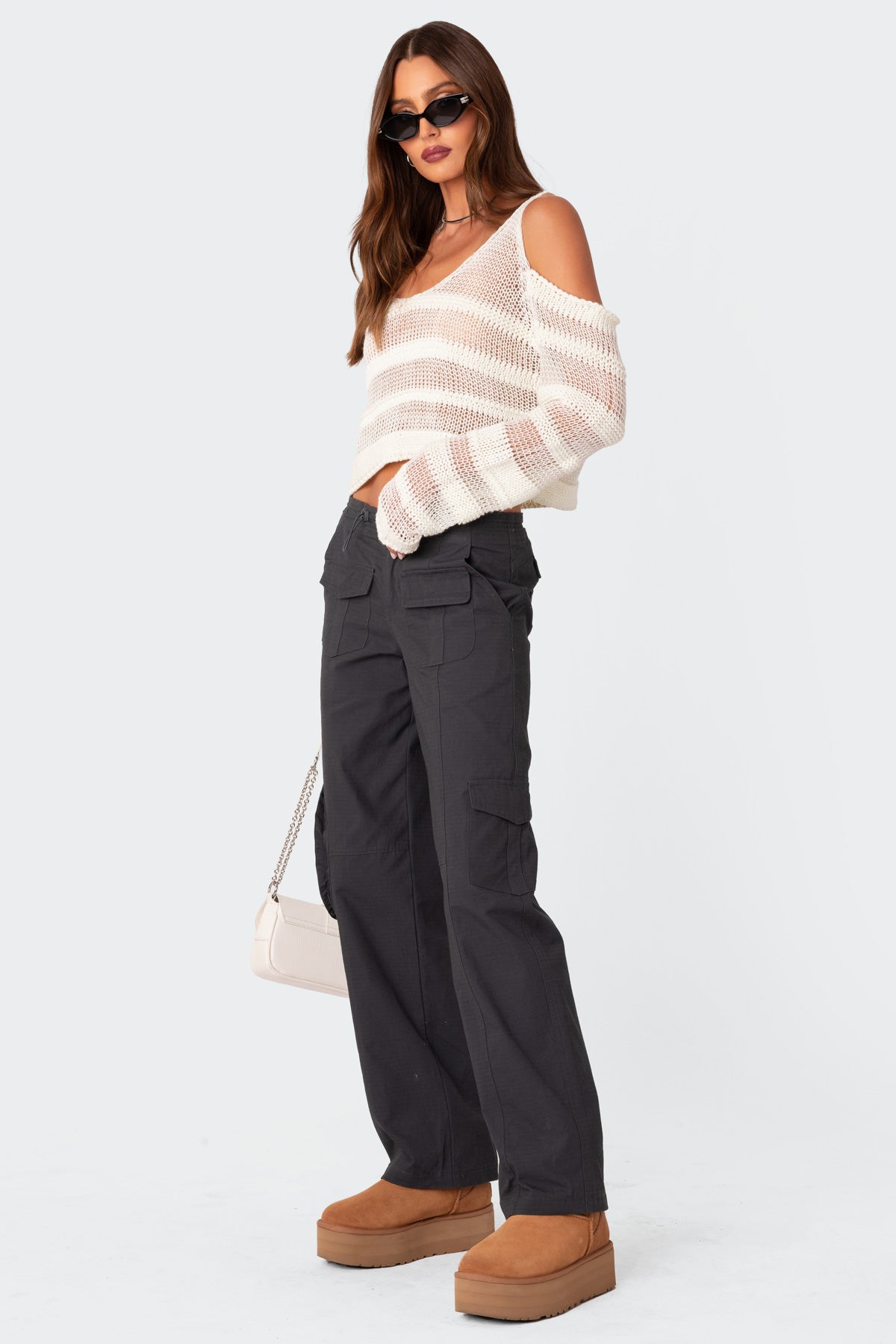 Textured Knit Open Shoulder Sweater - Image 3