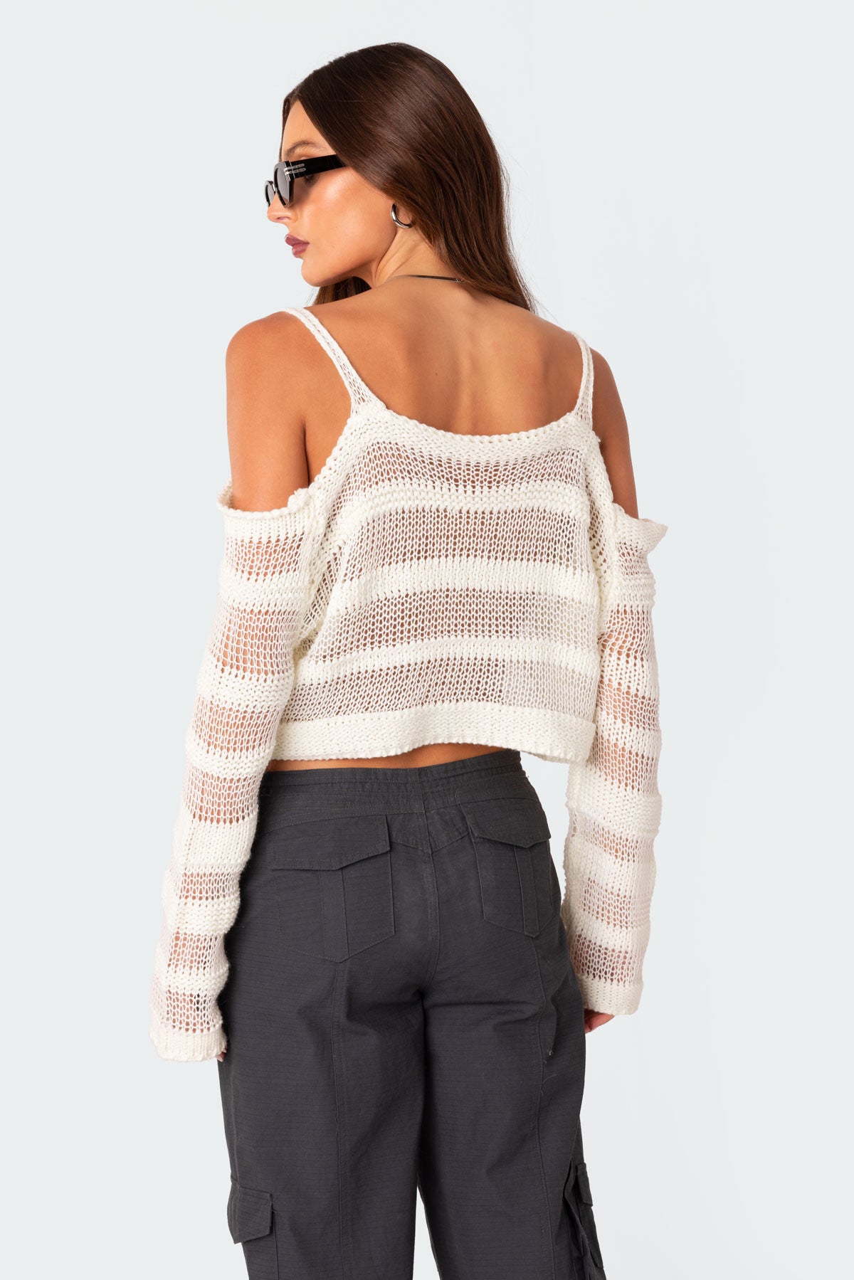 Textured Knit Open Shoulder Sweater - Image 4