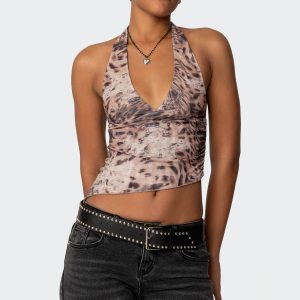 Leopard Mesh Asymmetric Halter Top