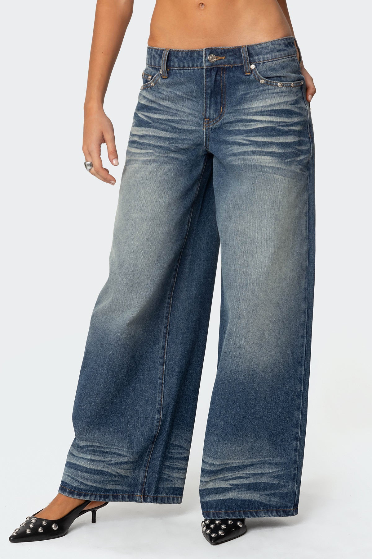 Faux Leather Pocket Low Rise Jeans - Image 2