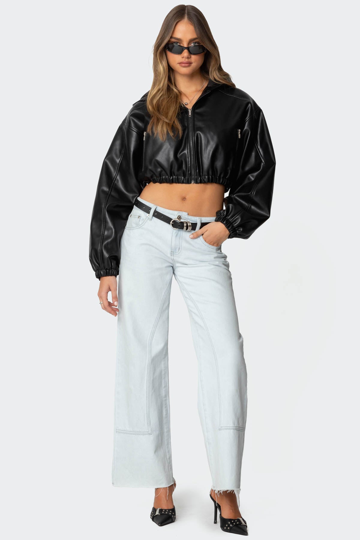 Hooded Faux Leather Cropped Jacket - Image 2