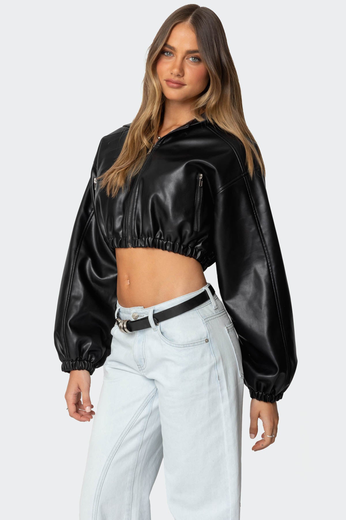 Hooded Faux Leather Cropped Jacket - Image 3