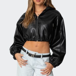 Hooded Faux Leather Cropped Jacket