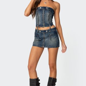 Guinevere Zip Washed Denim Mini Skirt