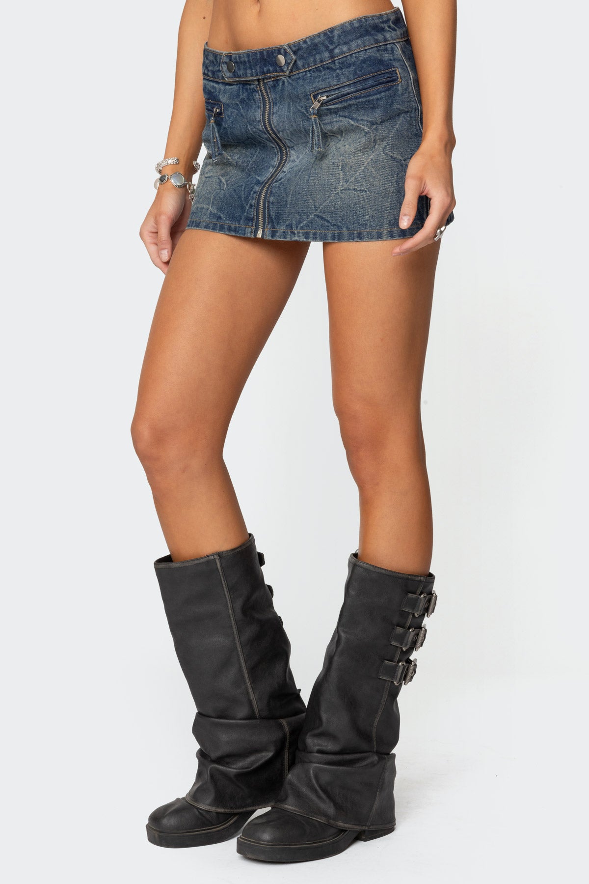 Guinevere Zip Washed Denim Mini Skirt - Image 4