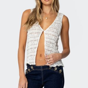 Evolet Sheer Lace Split Front Top
