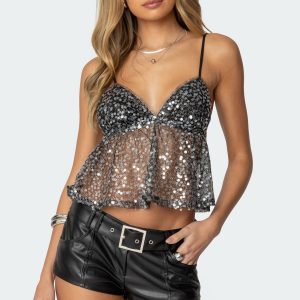 Sheer Sequin Babydoll Tank Top