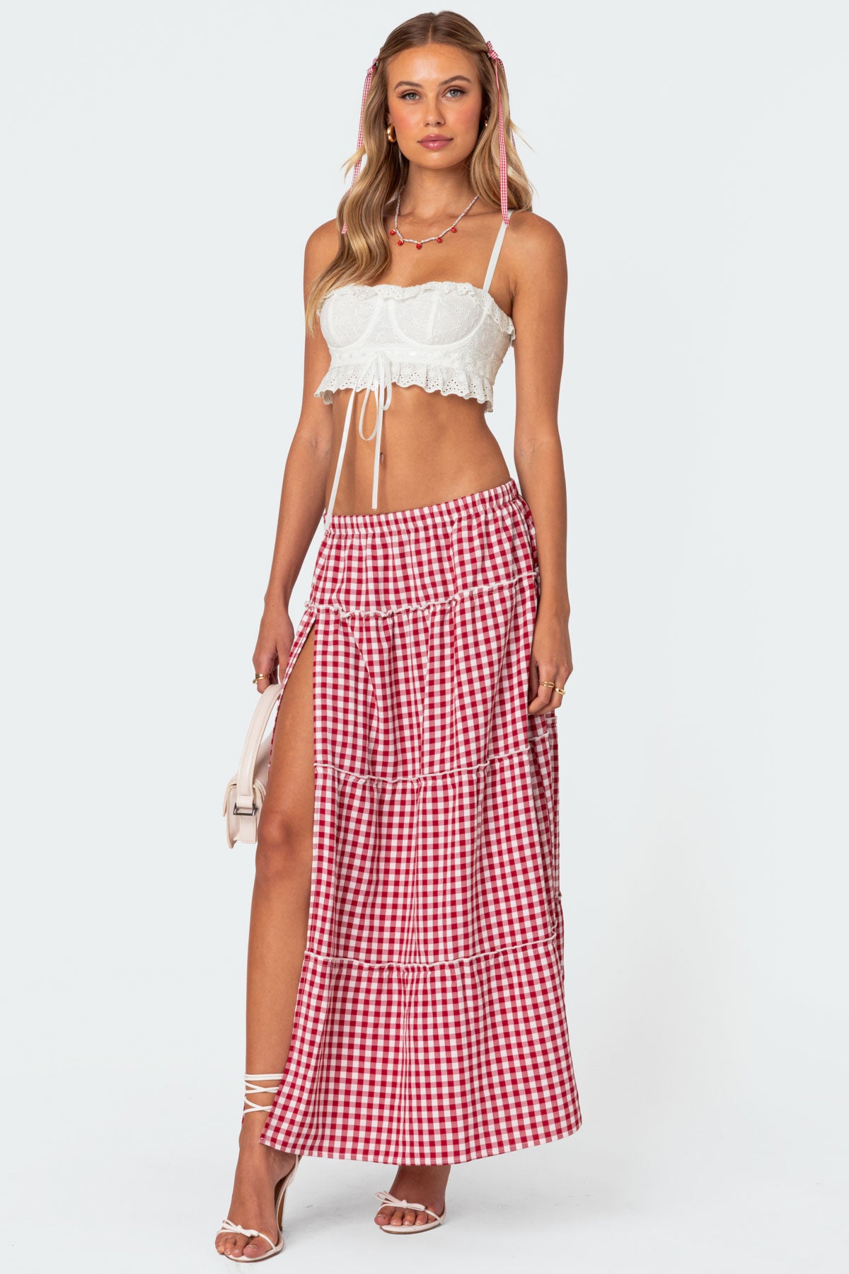 Gingham Side Slit Tiered Maxi Skirt - Image 3