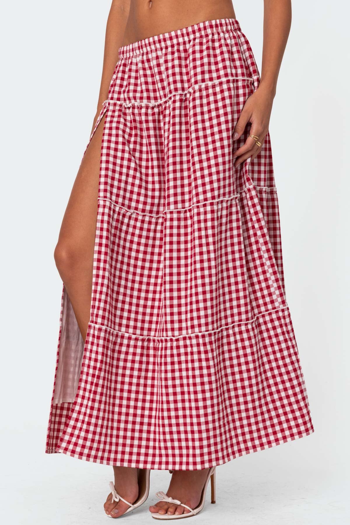 Gingham Side Slit Tiered Maxi Skirt - Image 4