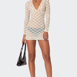 Beck Plunge Neck Sheer Lace Mini Dress
