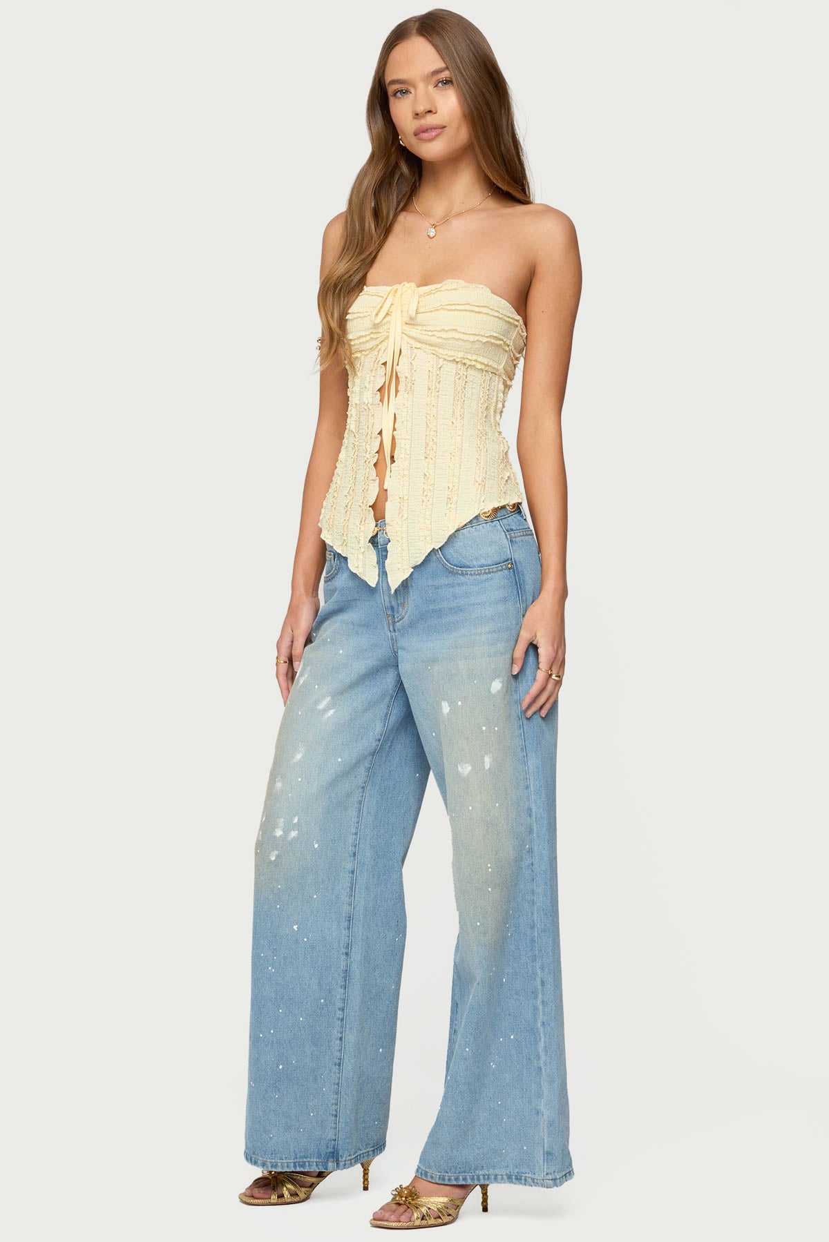 Textured Ruffle Split Front Strapless Top - Image 4