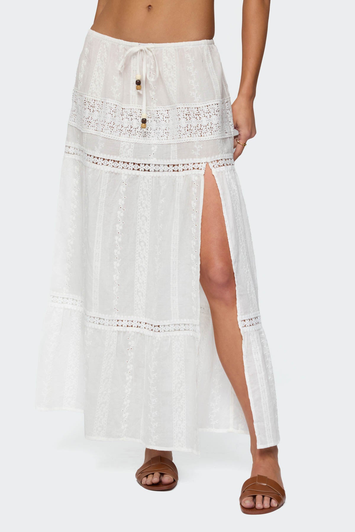 Embroidered Cotton Lace Slitted Maxi Skirt - Image 2