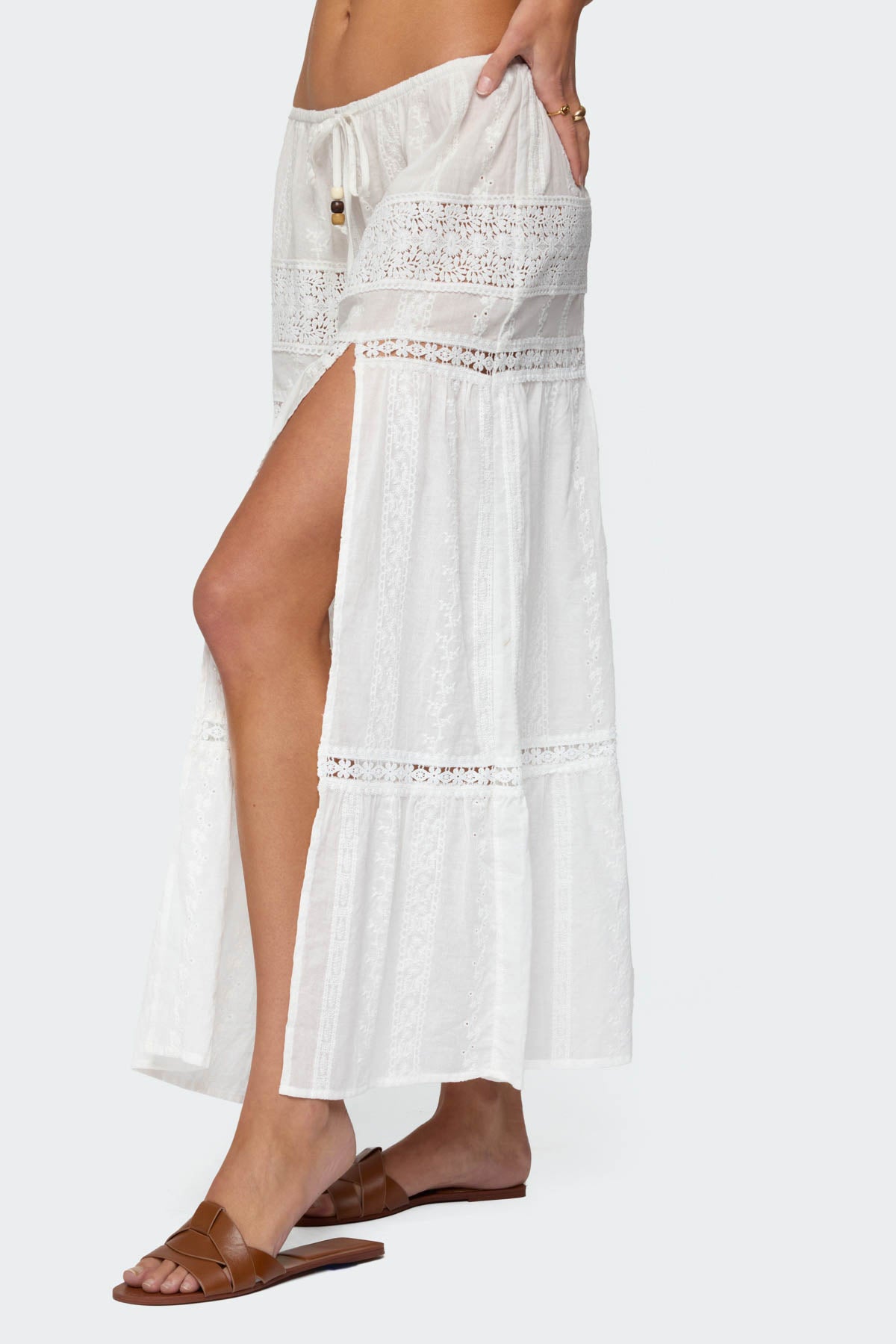 Embroidered Cotton Lace Slitted Maxi Skirt - Image 4