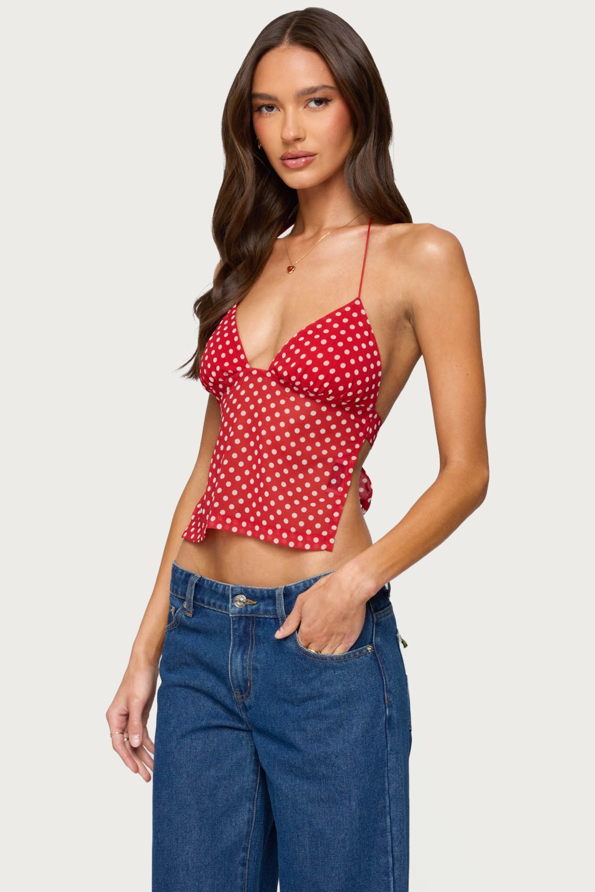 Polka Dot Backless Chiffon Top - Image 4