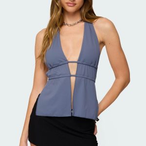 Nikole Split Front Backless Halter Top