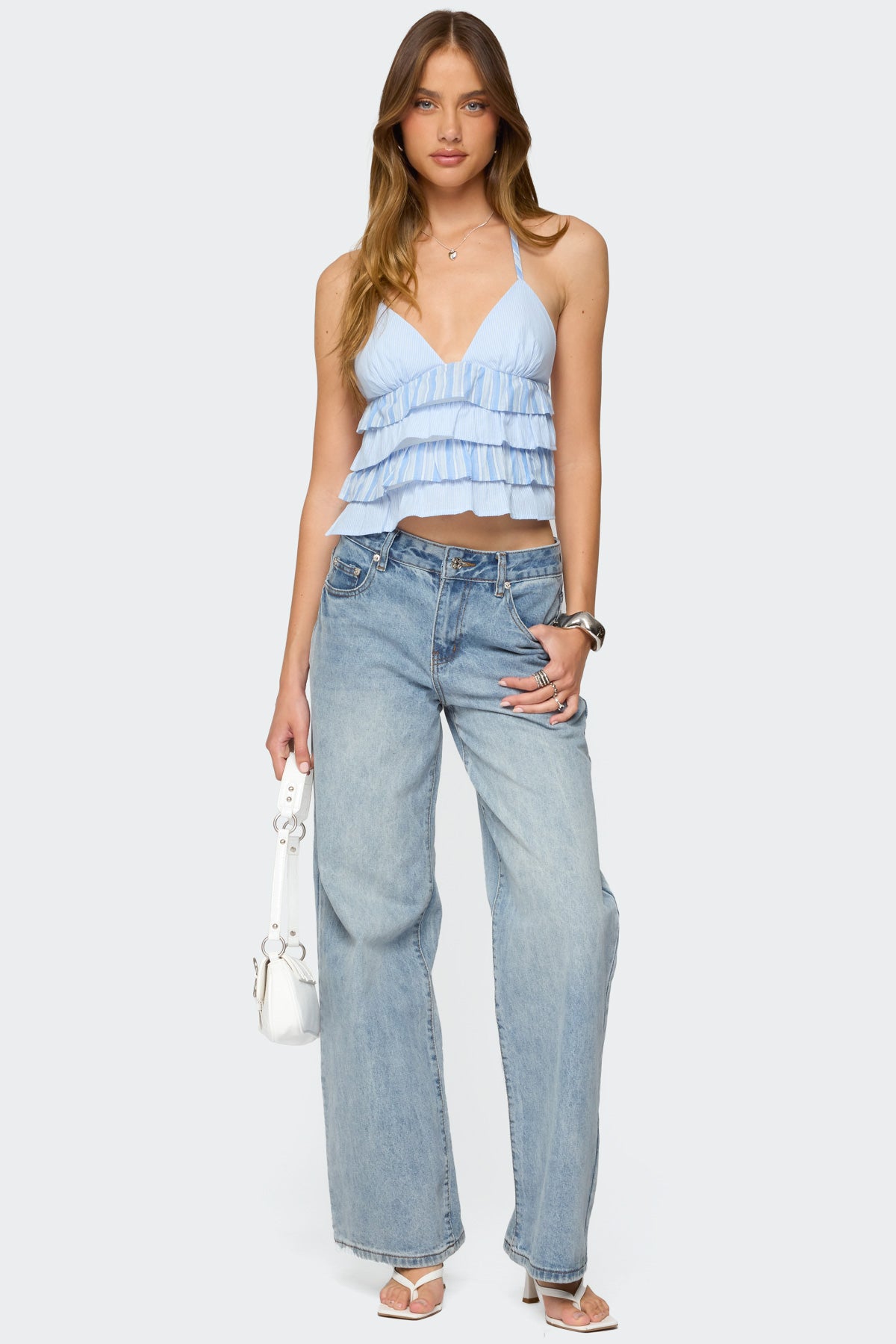 Tiered Ruffle Backless Striped Halter Top - Image 2