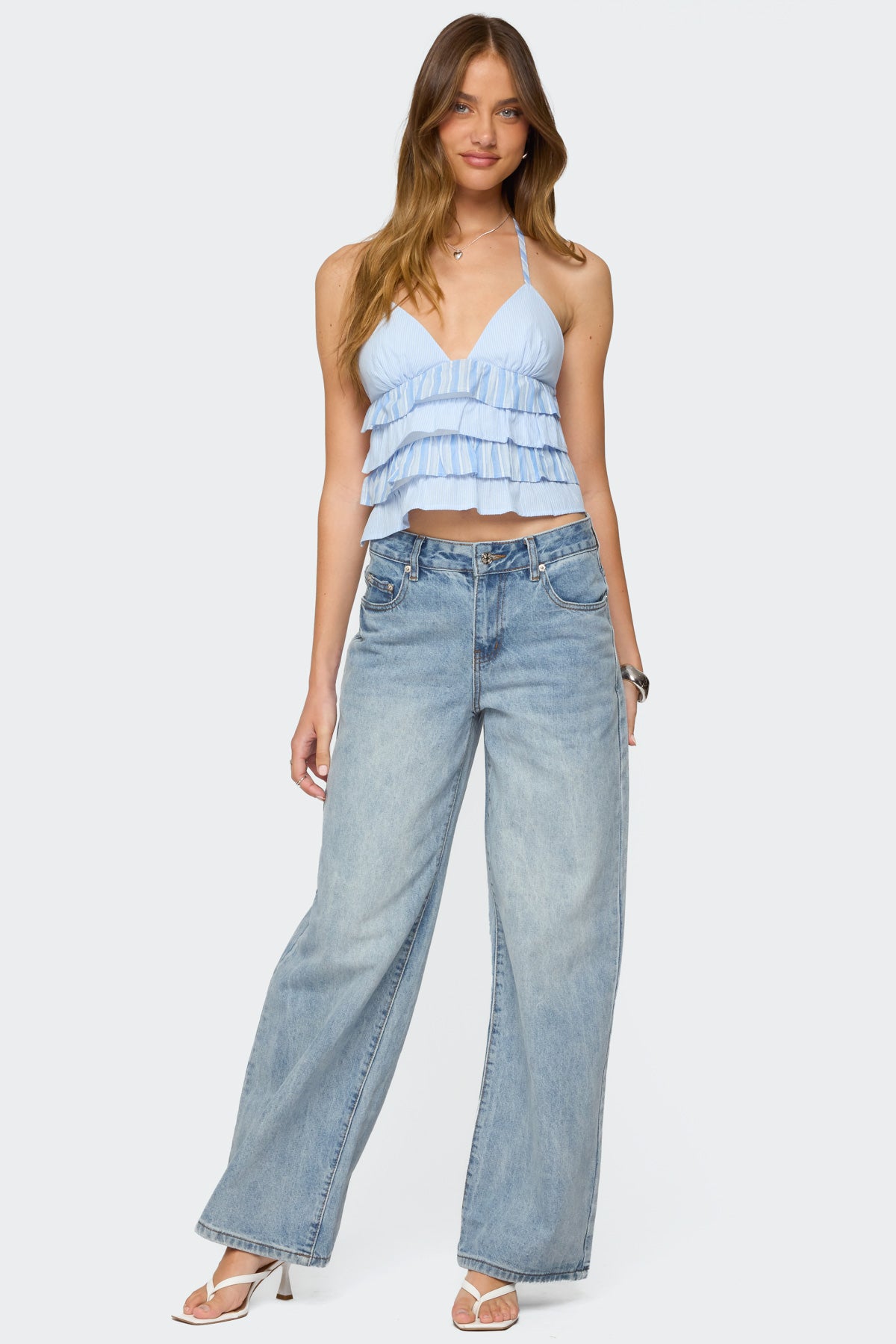 Tiered Ruffle Backless Striped Halter Top - Image 5