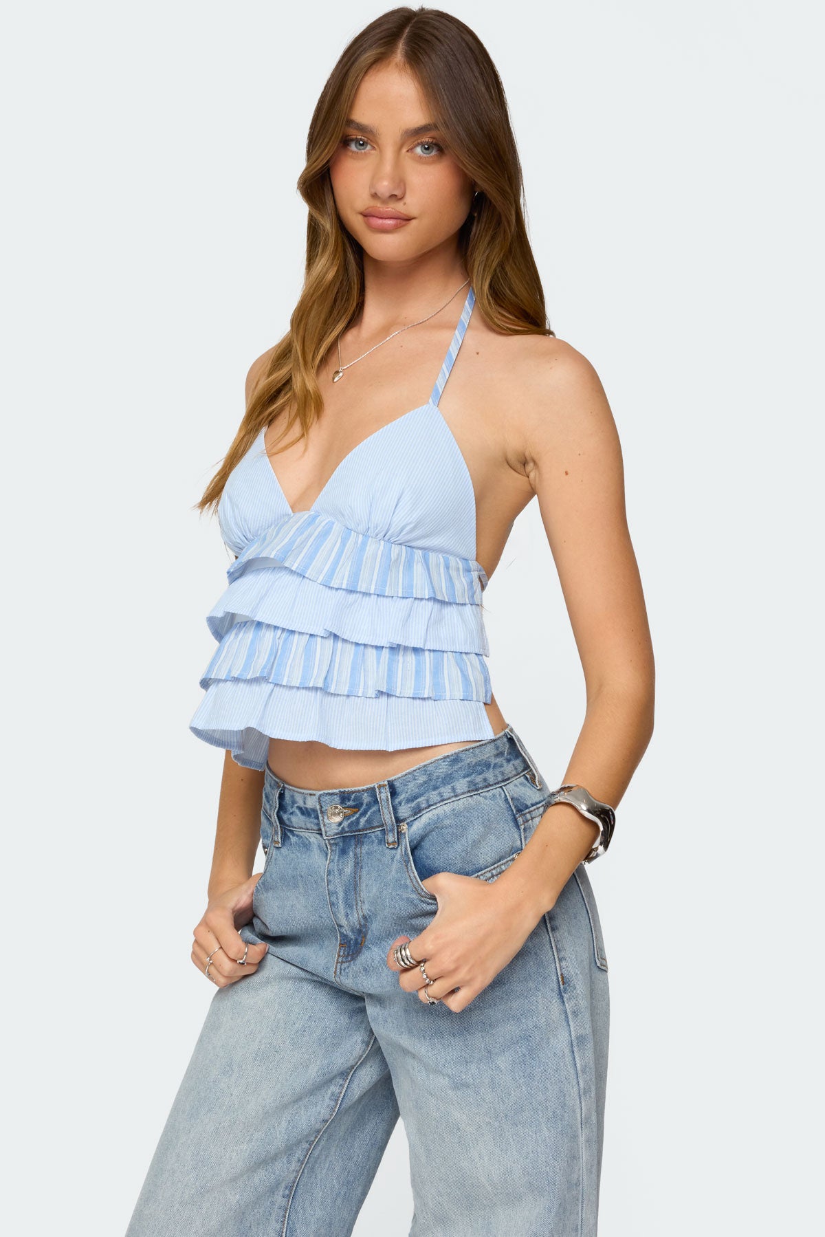 Tiered Ruffle Backless Striped Halter Top - Image 3