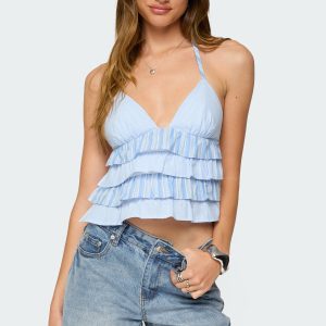 Tiered Ruffle Backless Striped Halter Top