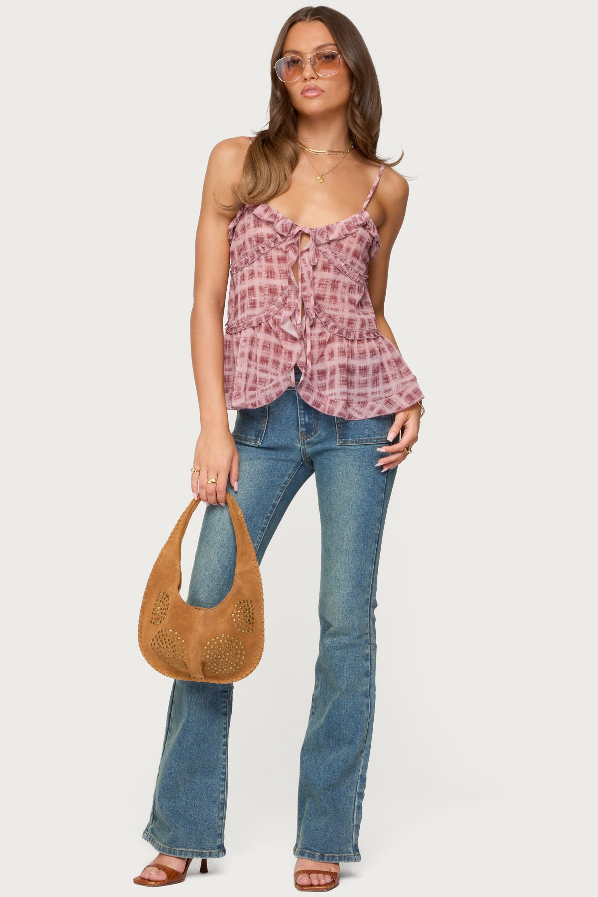 Chiffon Printed Tie Front Ruffle Top - Image 2