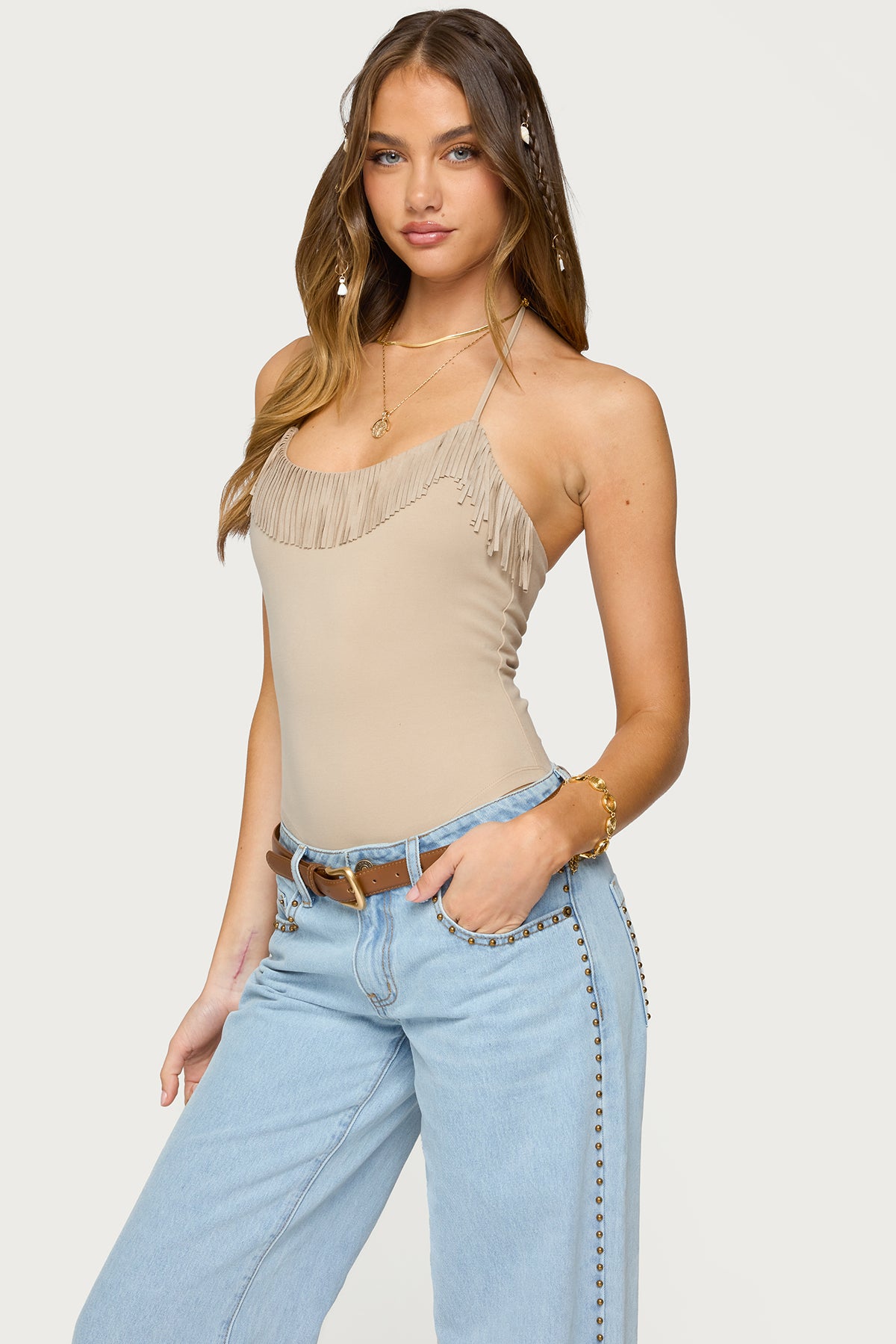 Colbie Faux Suede Fringe Trim Bodysuit - Image 3