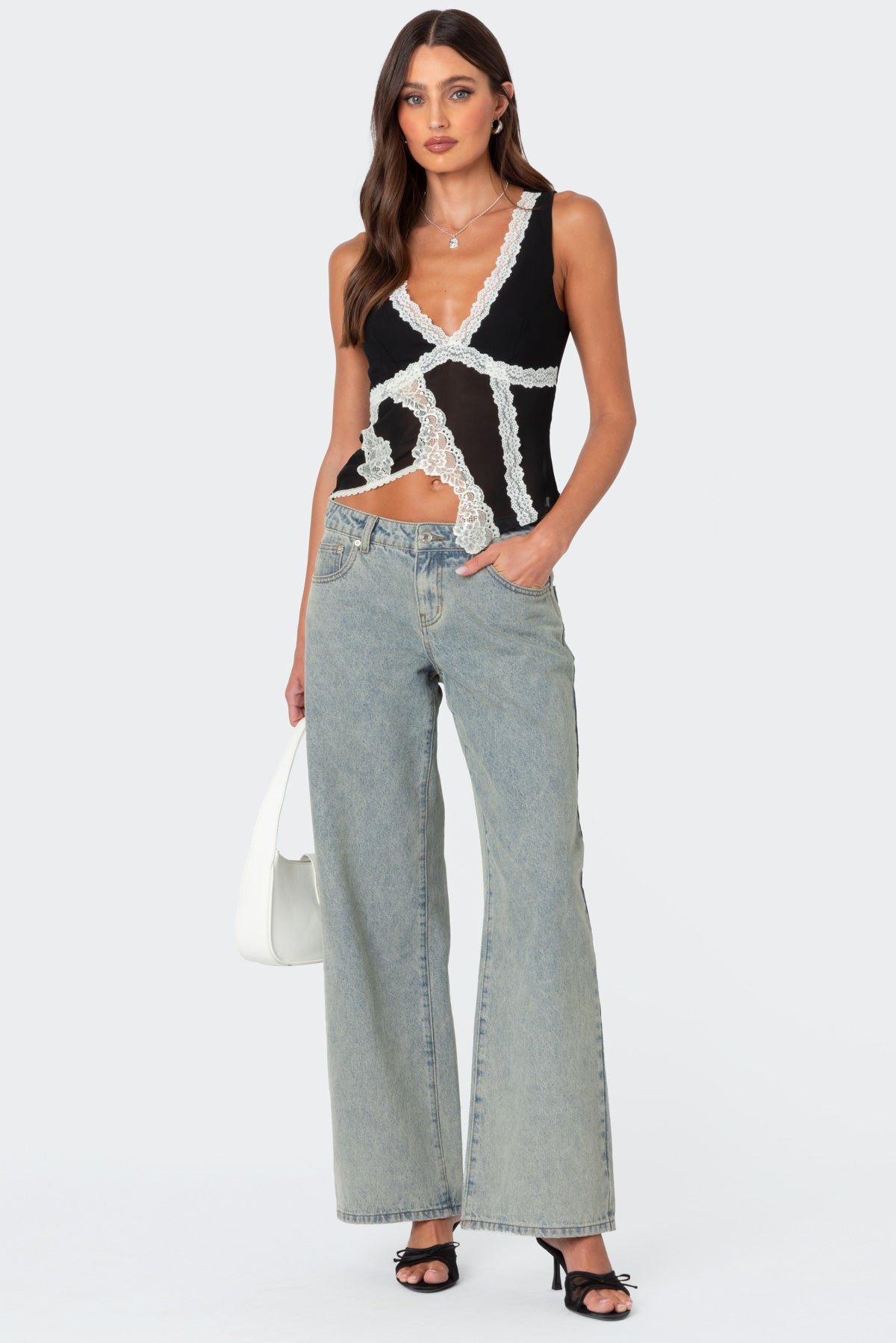 Chiffon & Lace Sheer Asymmetric Top - Image 2