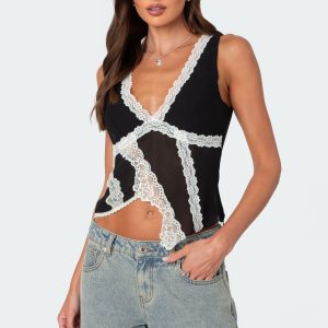 Chiffon & Lace Sheer Asymmetric Top