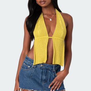 Caraway Ribbed Knit Split Front Top