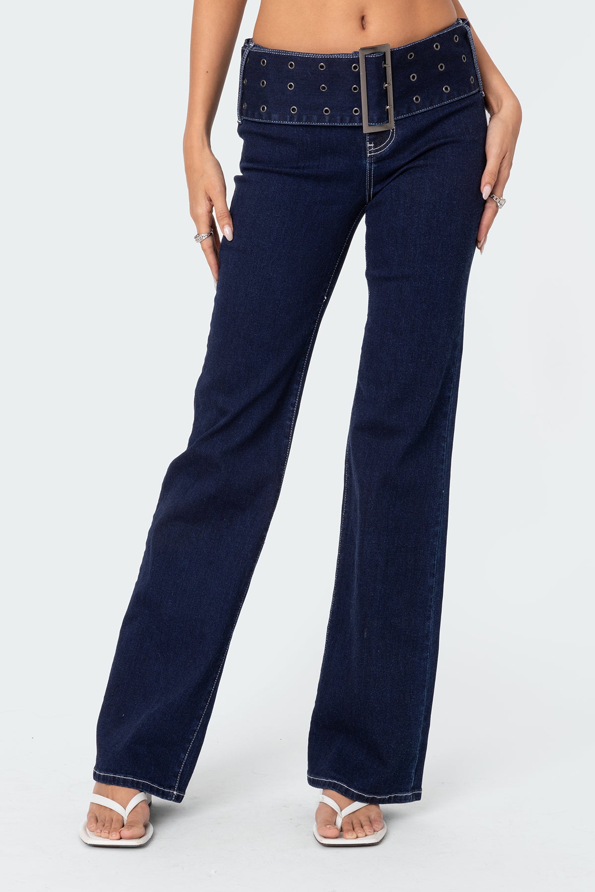 Buckle Belt Washed Flared Jeans - Image 2