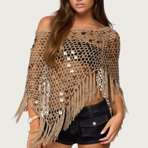Fringe Sequin Crochet Poncho