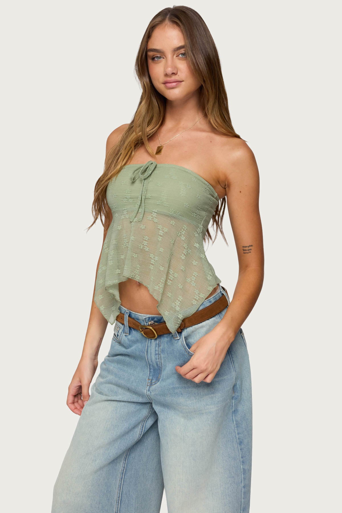 Embroidered Sheer Strapless Top - Image 3