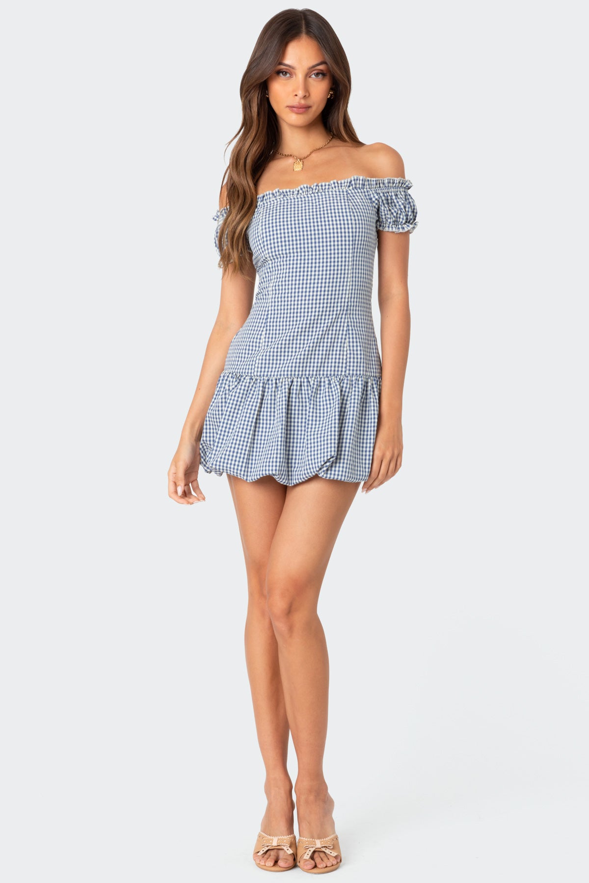 Gingham Off Shoulder Bubble Mini Dress - Image 5