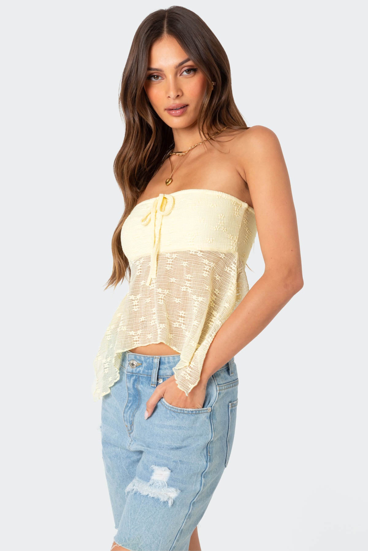 Embroidered Sheer Strapless Top - Image 3