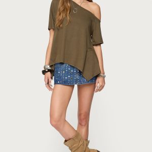 Studded Grommet Denim Mini Skort