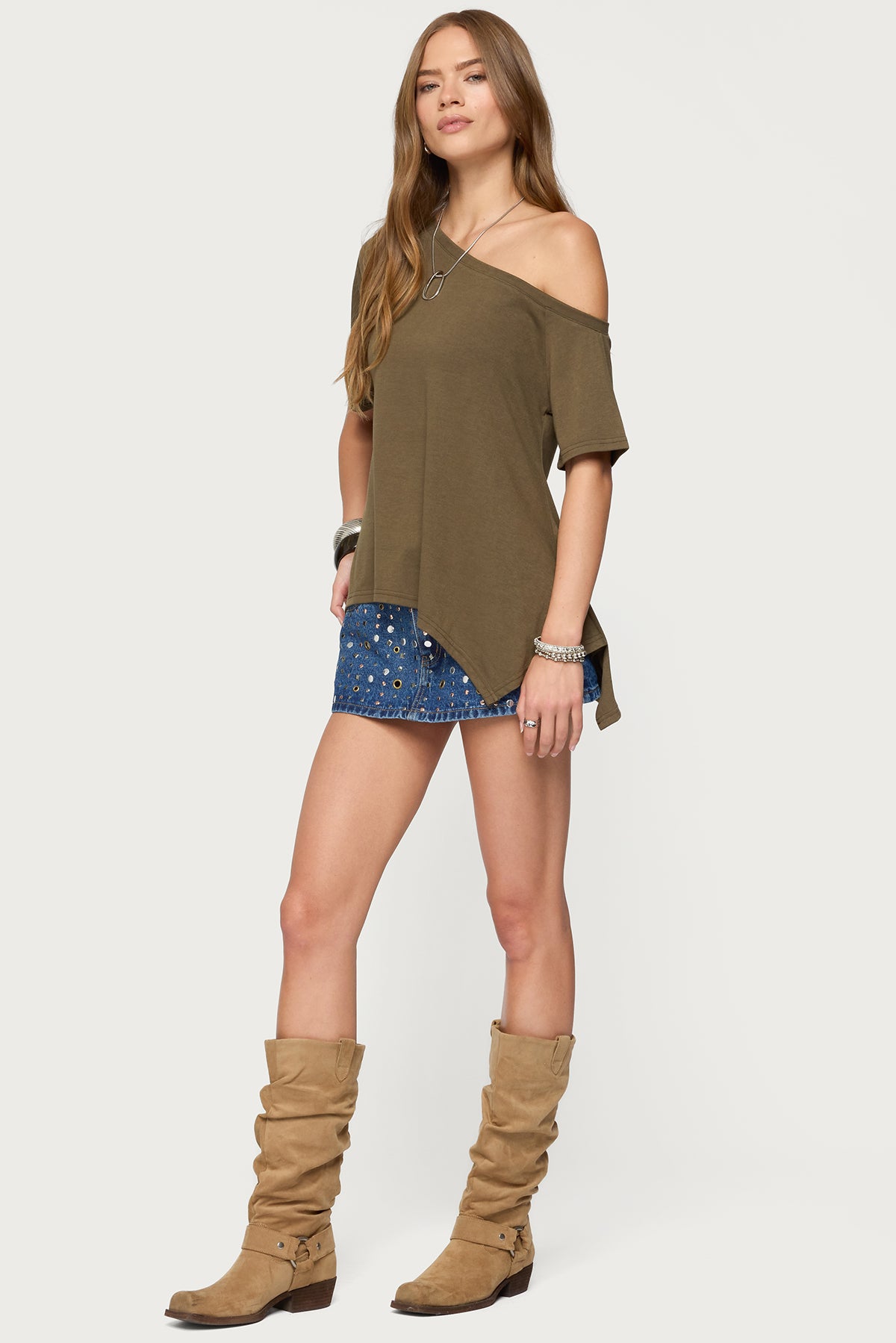 Studded Grommet Denim Mini Skort - Image 4