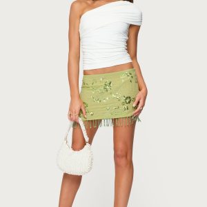 Sheer Sequin Bead Fringed Mini Skirt