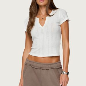 Semi Sheer Ribbed V Neck T Shirt