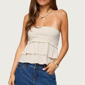 Linen Look Strapless Peplum Top