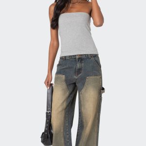 Contrast Panel Low Rise Washed Jeans