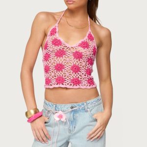 Contrast Floral Crochet Halter Top