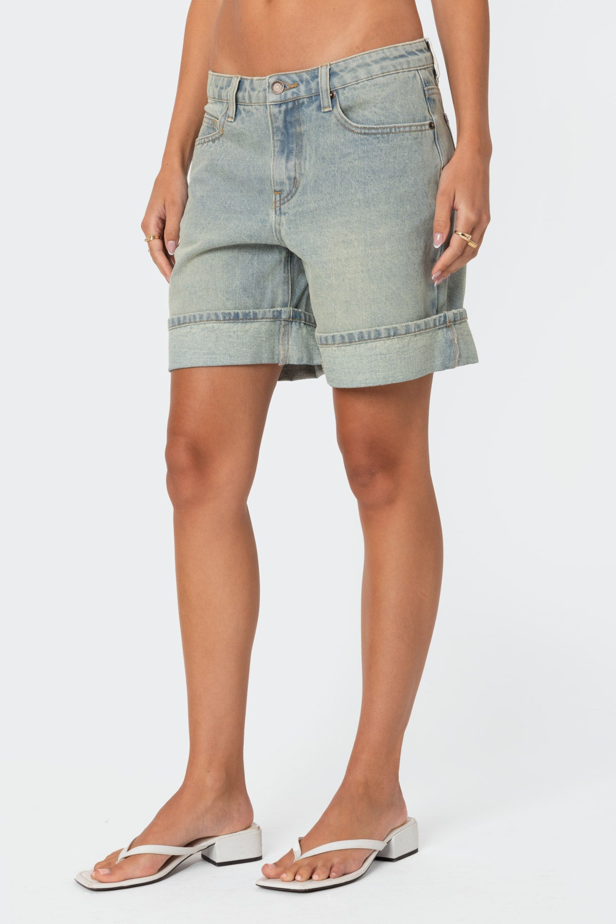 Cuffed Washed Denim Bermuda Shorts - Image 4