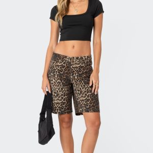 Leopard Low Rise Denim Bermuda Shorts