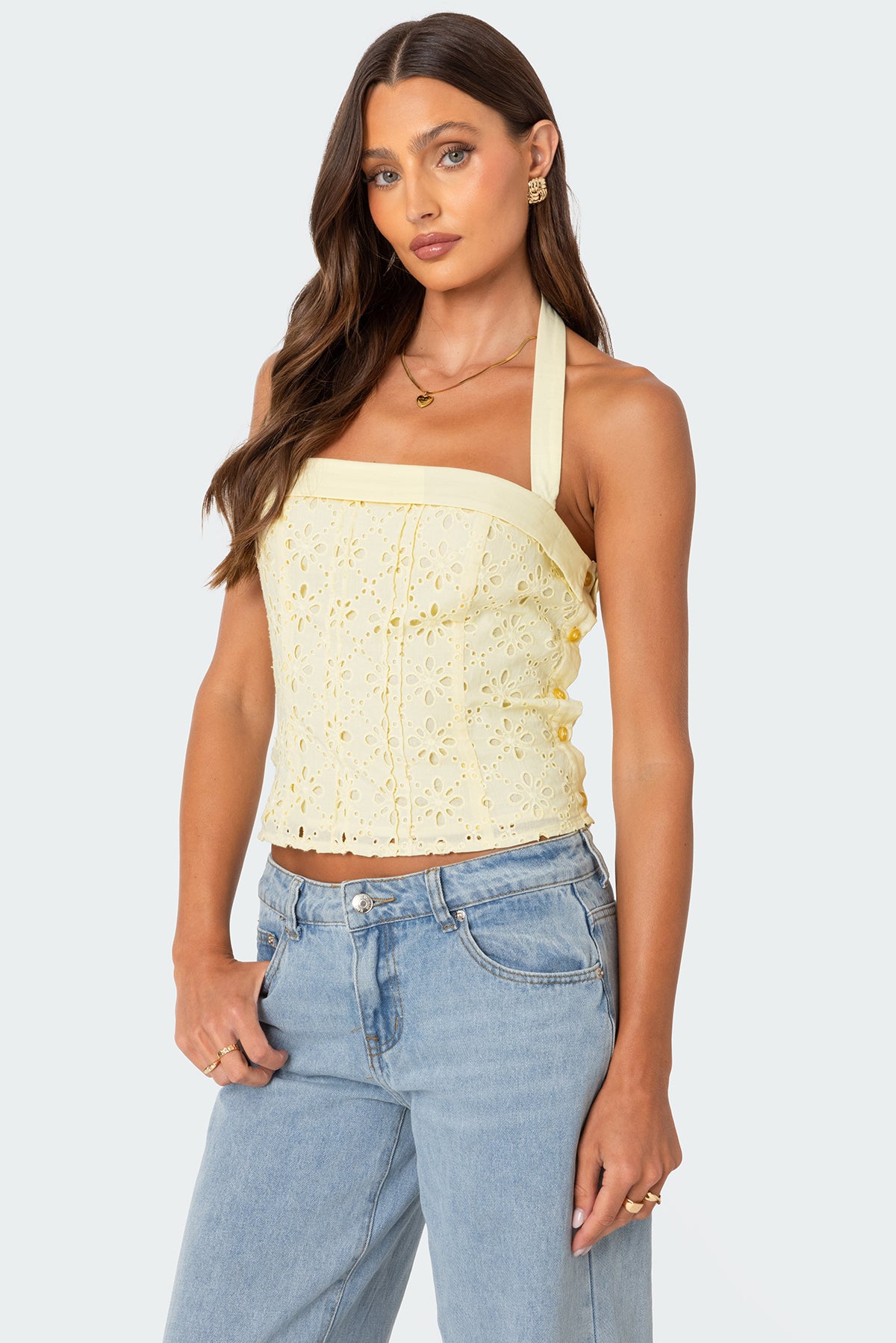Side Button Eyelet Halter Top - Image 3